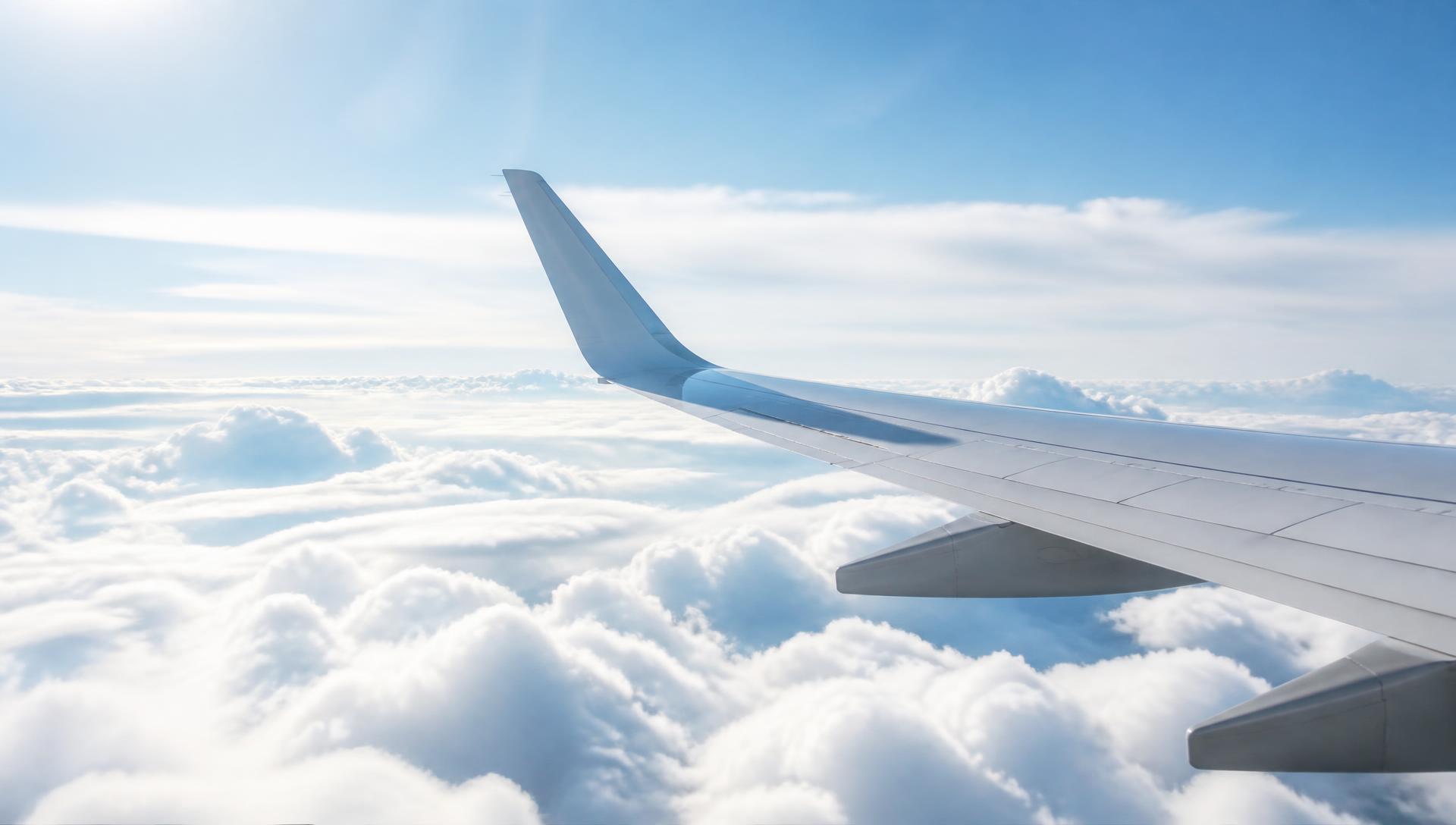 Aircraft wing above bright daylight clouds